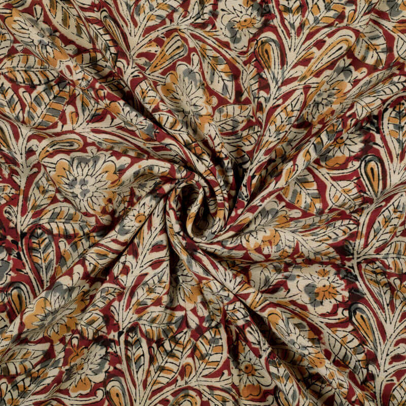 Maroon And Beige Kalamkari Handblock Cotton Silk Fabric - Fabcurate