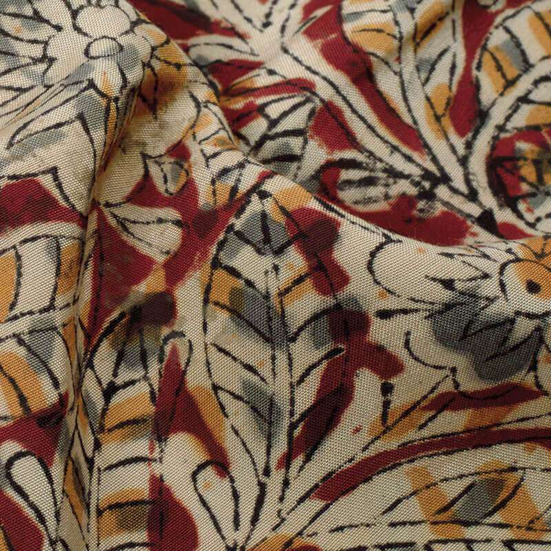 Maroon And Beige Kalamkari Handblock Cotton Silk Fabric - Fabcurate