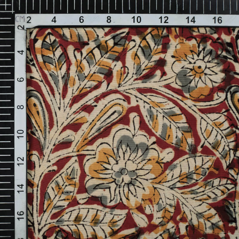 Maroon And Beige Kalamkari Handblock Cotton Silk Fabric - Fabcurate