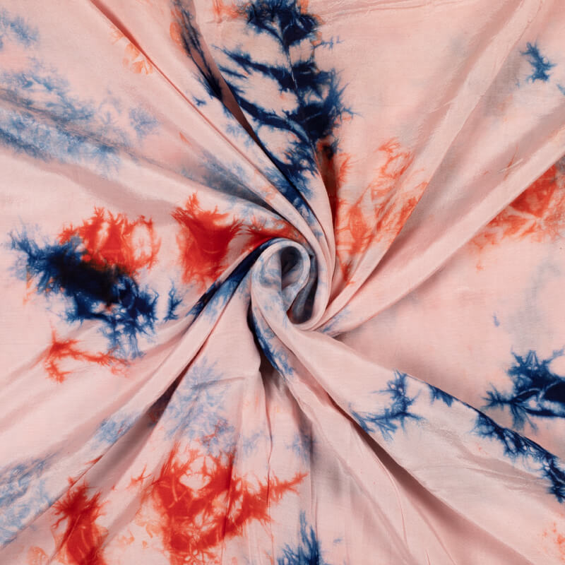 Premium Orange And Blue Hand Tie & Dye Handblock Cotton Silk Fabric - Fabcurate