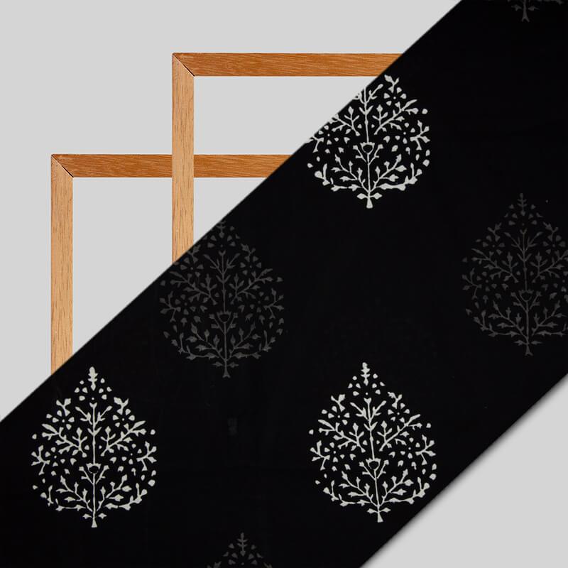 Black Monochrome Ethnic Pattern Handblock Cotton Fabric