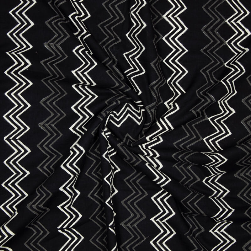 Black Monochrome Chevron Pattern Handblock Cotton Fabric - Fabcurate