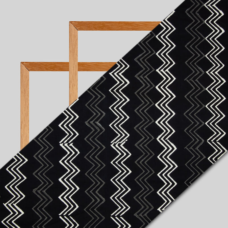 Black Monochrome Chevron Pattern Handblock Cotton Fabric - Fabcurate