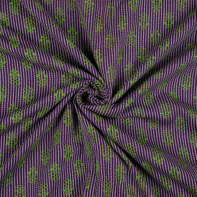 Purple And Green Floral Booti Pattern Screen Print Natural Dye Cotton Kantha Fabric - Fabcurate