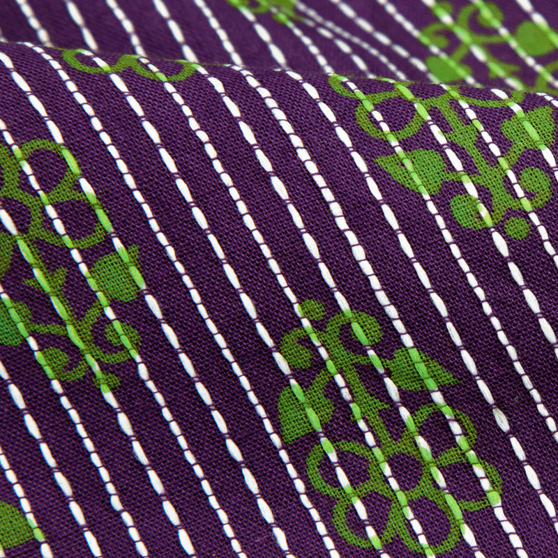 Purple And Green Floral Booti Pattern Screen Print Natural Dye Cotton Kantha Fabric - Fabcurate
