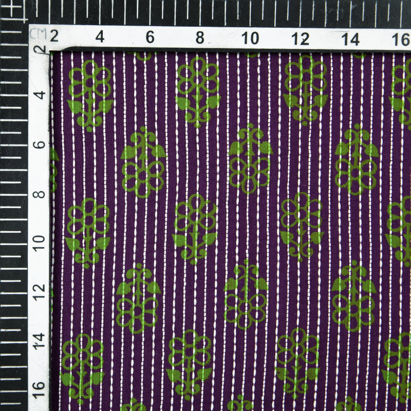 Purple And Green Floral Booti Pattern Screen Print Natural Dye Cotton Kantha Fabric - Fabcurate