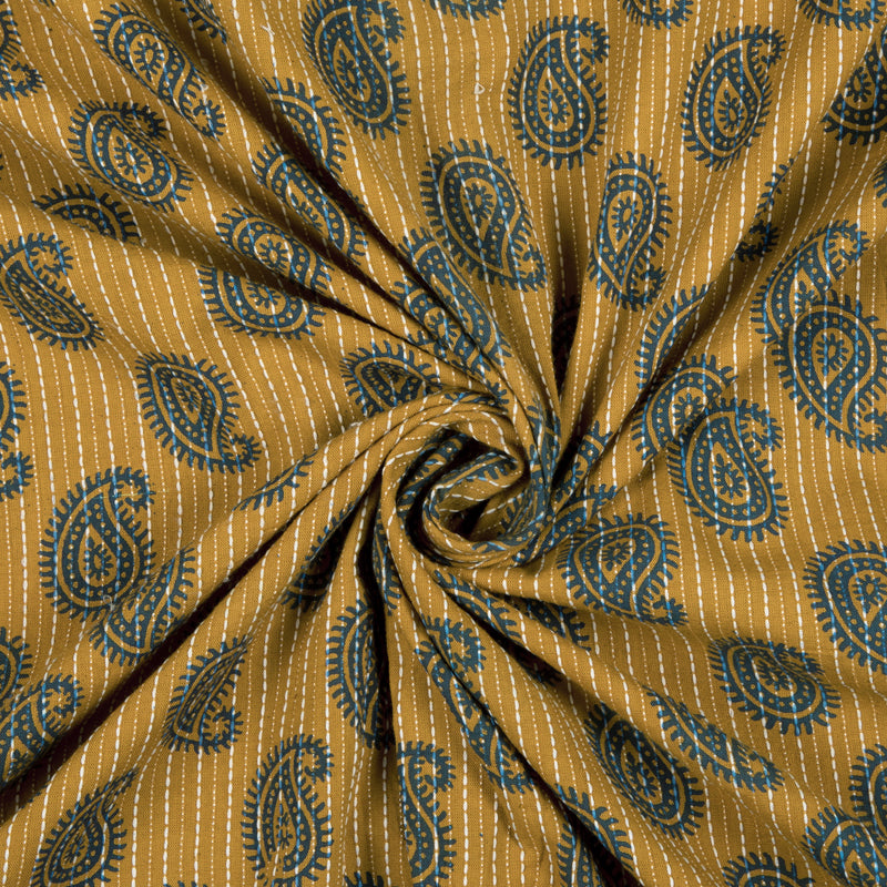 Brown And Blue Paisley Pattern Screen Print Natural Dye Cotton Kantha Fabric - Fabcurate