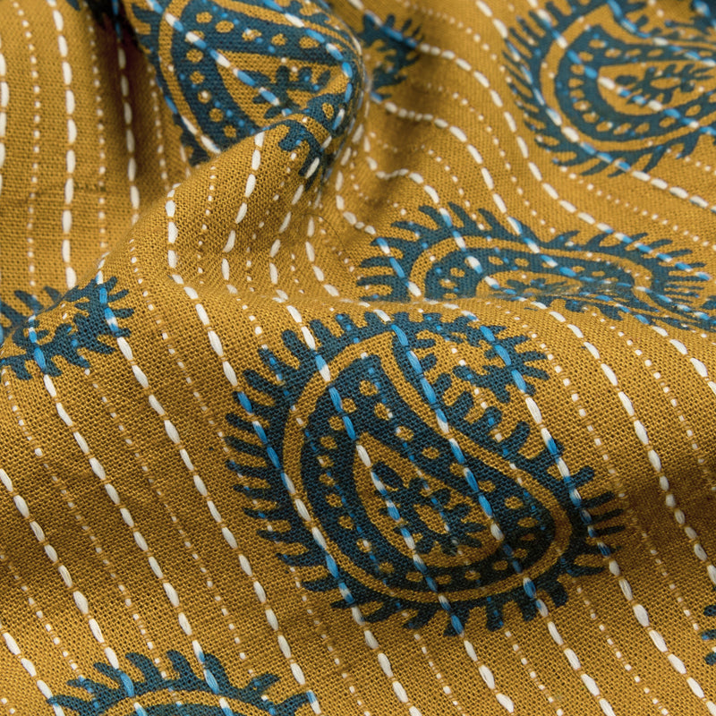 Brown And Blue Paisley Pattern Screen Print Natural Dye Cotton Kantha Fabric - Fabcurate