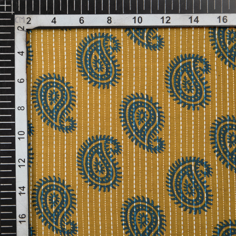Brown And Blue Paisley Pattern Screen Print Natural Dye Cotton Kantha Fabric - Fabcurate