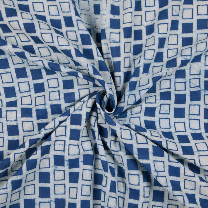 Indigo Geometric Pattern Handblock Cotton Fabric - Fabcurate