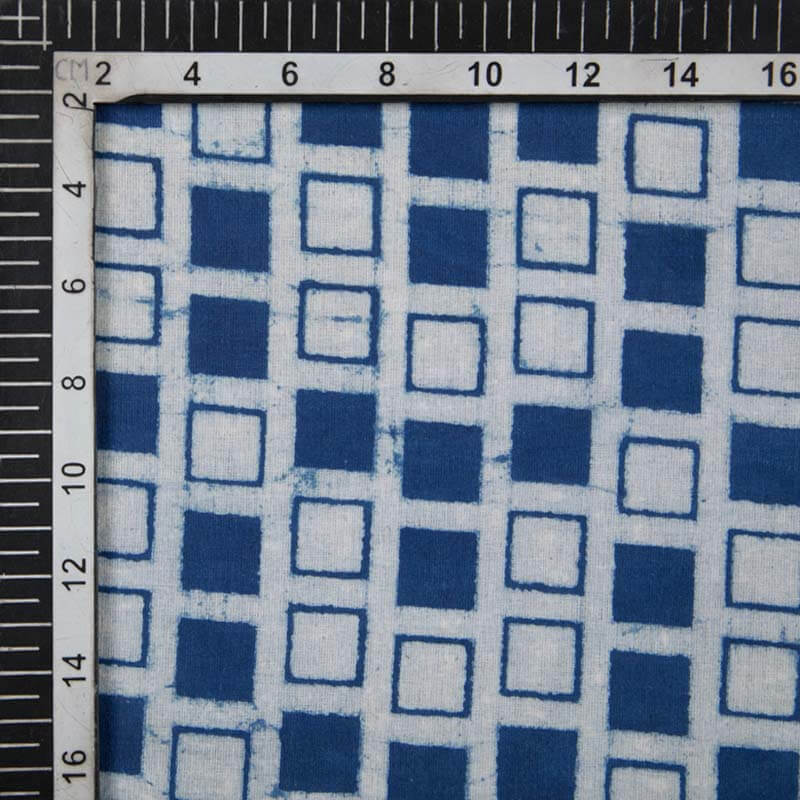 Indigo Geometric Pattern Handblock Cotton Fabric - Fabcurate