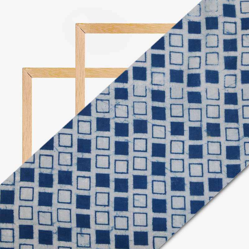 Indigo Geometric Pattern Handblock Cotton Fabric - Fabcurate