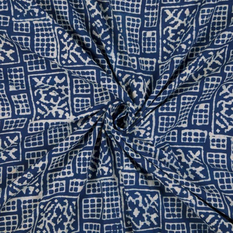 Indigo Geometric Pattern Handblock Cotton Fabric - Fabcurate