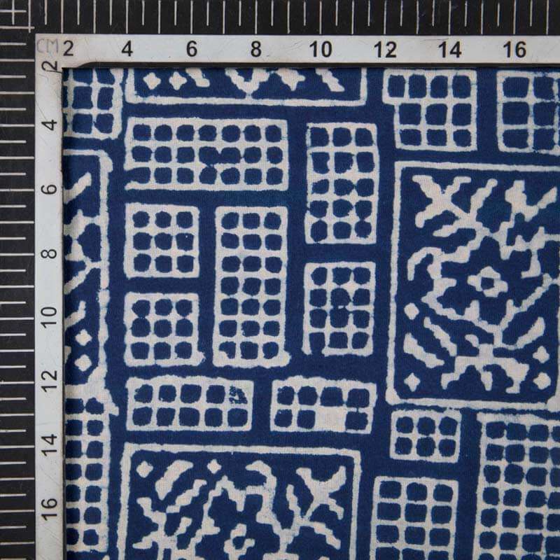 Indigo Geometric Pattern Handblock Cotton Fabric - Fabcurate