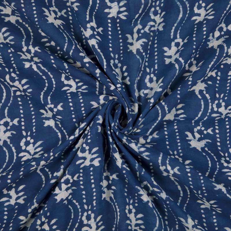 Indigo Geometric Pattern Handblock Cotton Fabric - Fabcurate
