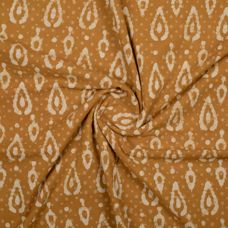 Mustard And Cream Leaf Pattern Kashish Handblock Cotton Fabric - Fabcurate