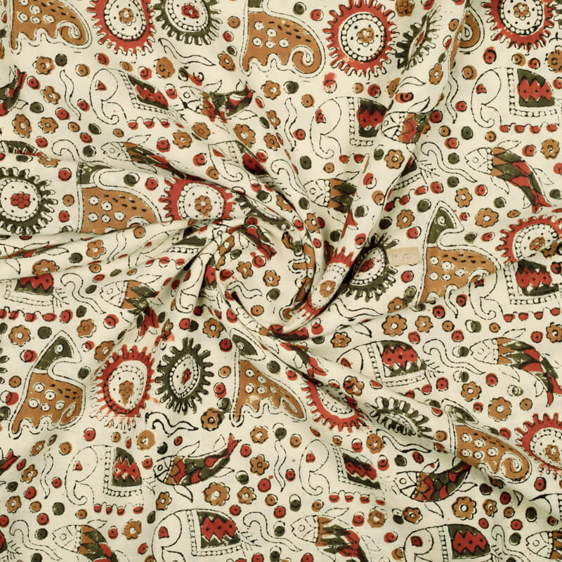 Cream And Maroon Dabu Animal Pattern Handblock Cotton Fabric - Fabcurate