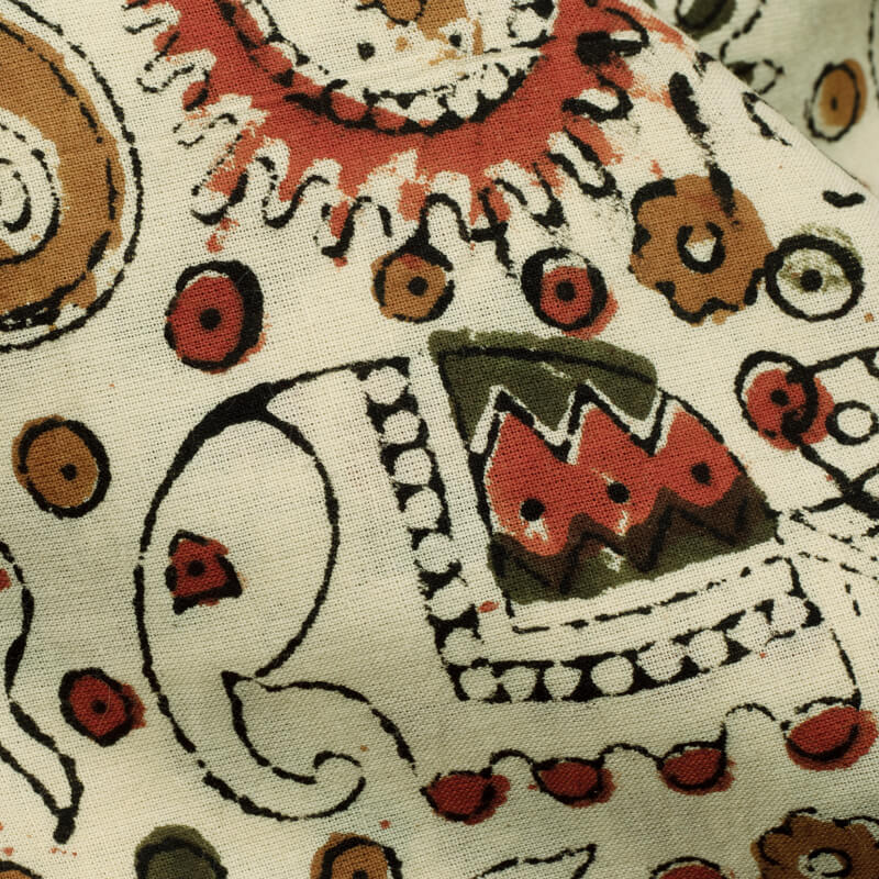 Cream And Maroon Dabu Animal Pattern Handblock Cotton Fabric - Fabcurate