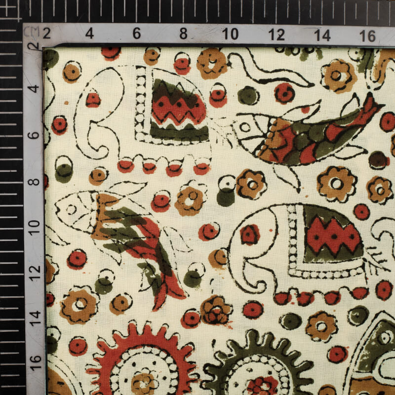 Cream And Maroon Dabu Animal Pattern Handblock Cotton Fabric - Fabcurate