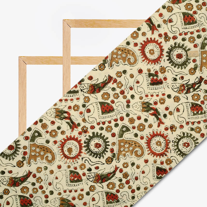 Cream And Maroon Dabu Animal Pattern Handblock Cotton Fabric - Fabcurate