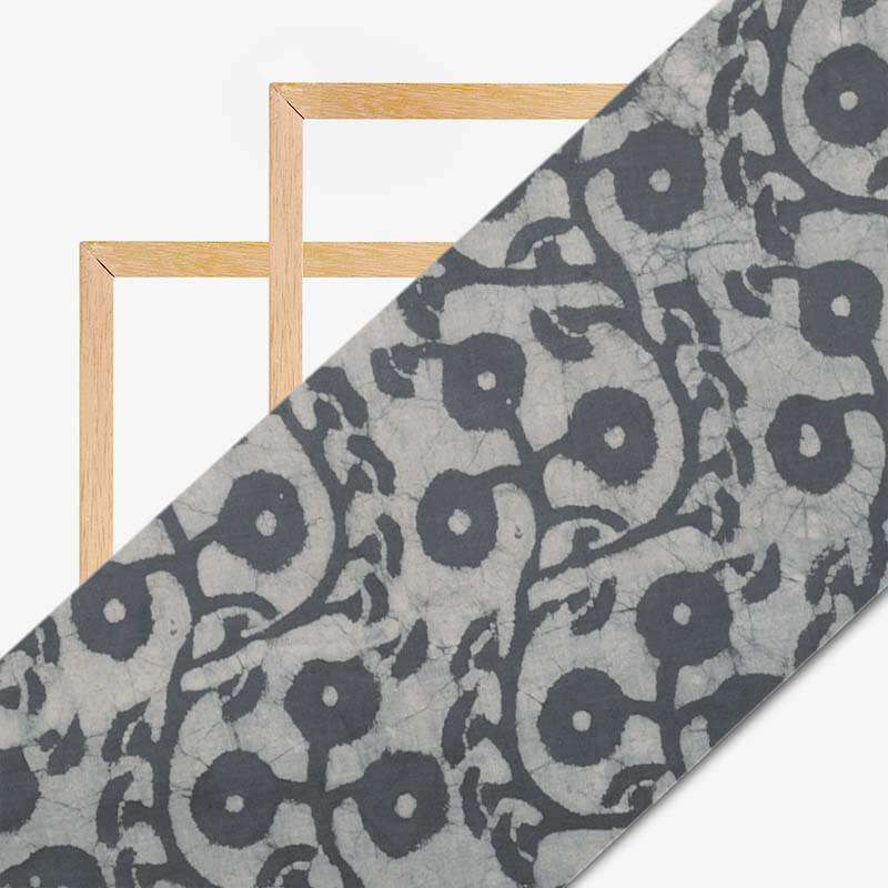 Grey And White Floral Pattern Wax Batik Handblock Cotton Fabric - Fabcurate