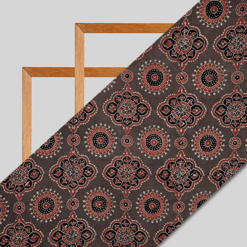 Brown Traditional Pattern Ajrakh Handblock Natural Dye Cotton Fabric - Fabcurate