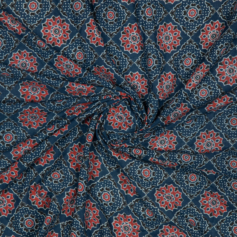 Prussian Blue And Red Traditional Pattern Ajrakh Screen Print Natural Dye Cotton Fabric