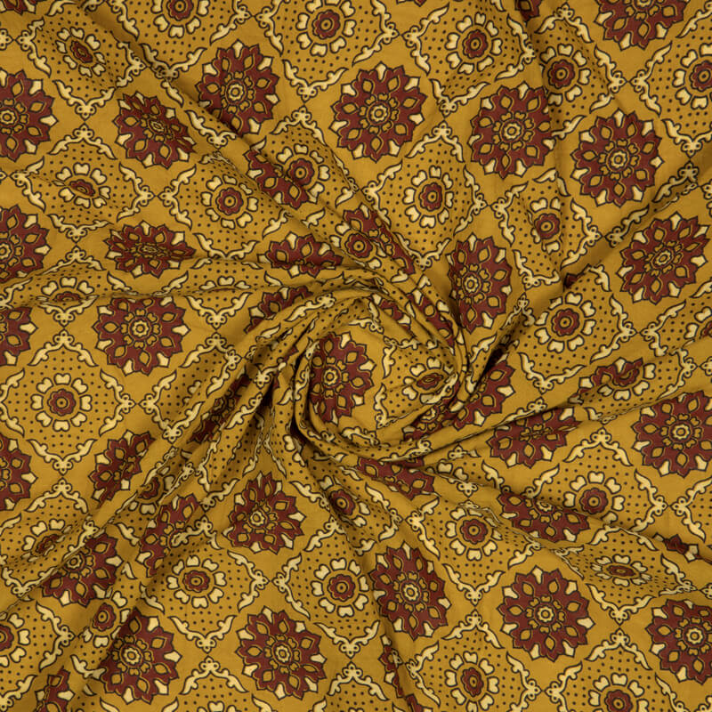 Brown Traditional Pattern Ajrakh Screen Print Natural Dye Cotton Fabric