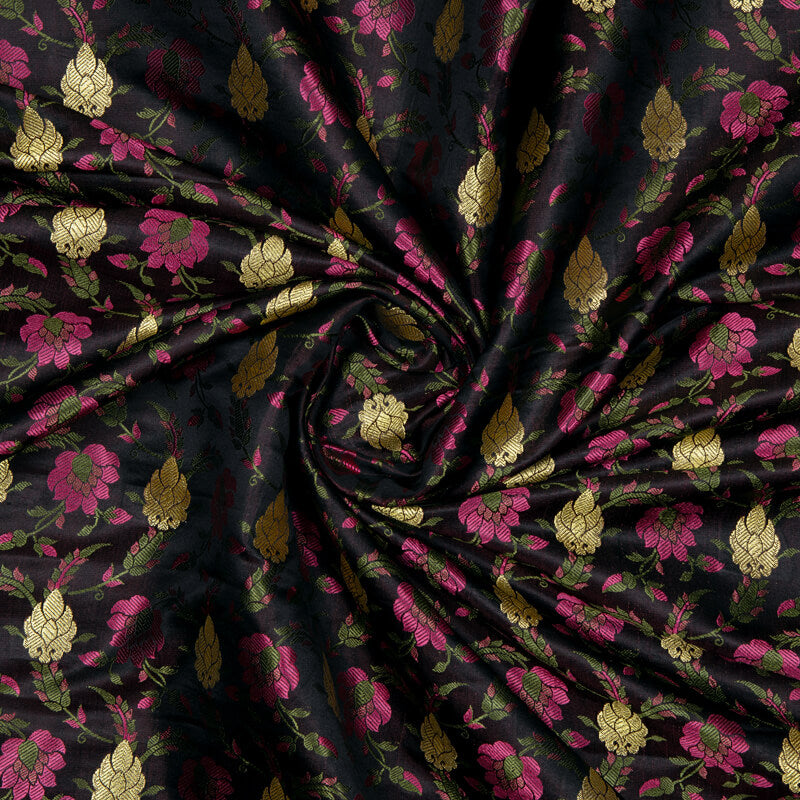 Black Banarasi Floral Pattern Katan Zari Silk Fabric - Fabcurate