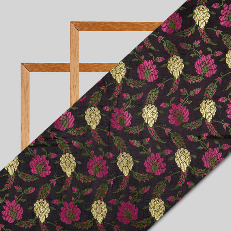 Black Banarasi Floral Pattern Katan Zari Silk Fabric - Fabcurate