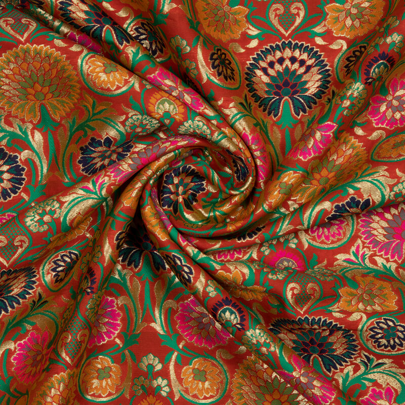 Red Banarasi Floral Pattern Katan Zari Silk Fabric