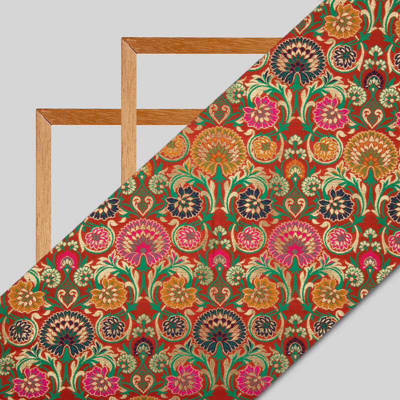 Red Banarasi Floral Pattern Katan Zari Silk Fabric