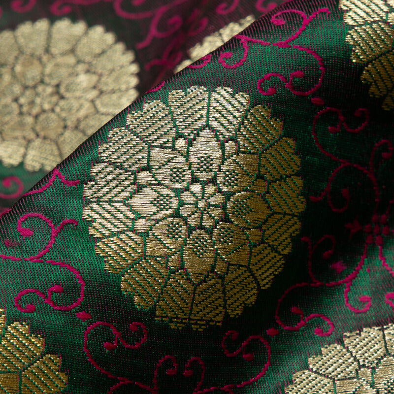 Bottle Green Banarasi Floral Pattern Zari Jacquard Taffeta Silk Fabric