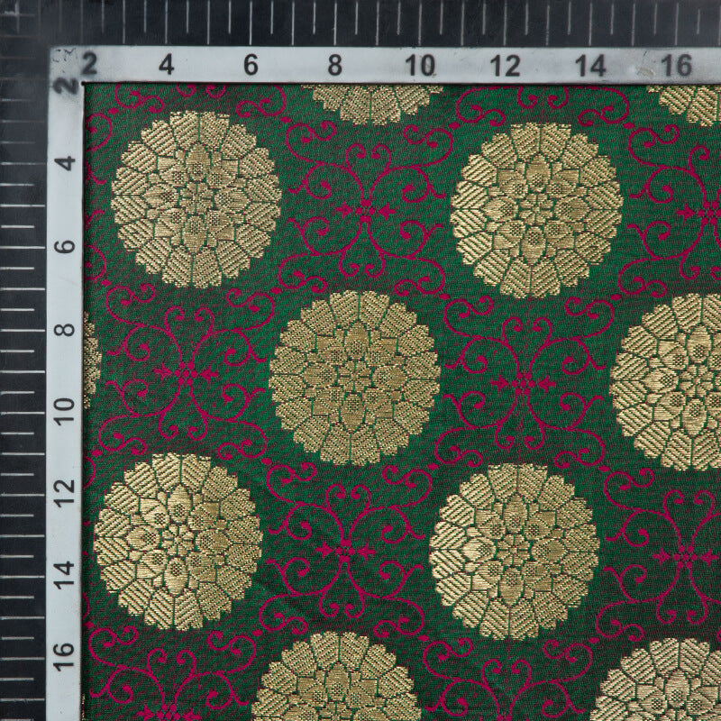 Bottle Green Banarasi Floral Pattern Zari Jacquard Taffeta Silk Fabric