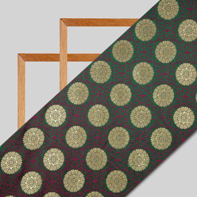Bottle Green Banarasi Floral Pattern Zari Jacquard Taffeta Silk Fabric