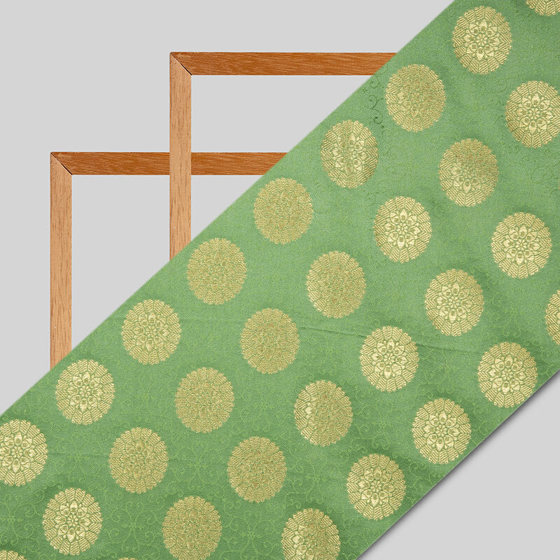 Pastel Green Banarasi Floral Pattern Zari Jacquard Taffeta Silk Fabric