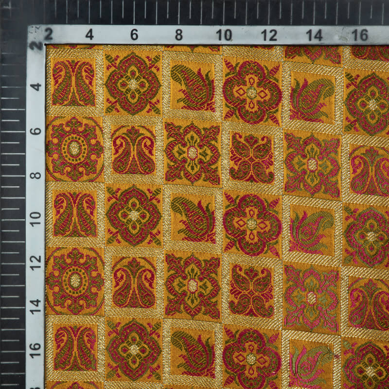 Yellow Ochre Banarasi Traditional Pattern Satin Zari jacquard Taffeta Silk Fabric