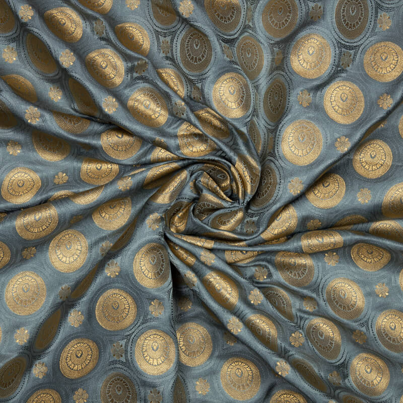 Light Grey Banarasi Geometric Pattern Zari Jacquard Taffeta Silk Fabric