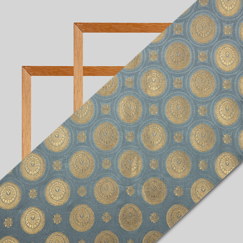 Light Grey Banarasi Geometric Pattern Zari Jacquard Taffeta Silk Fabric