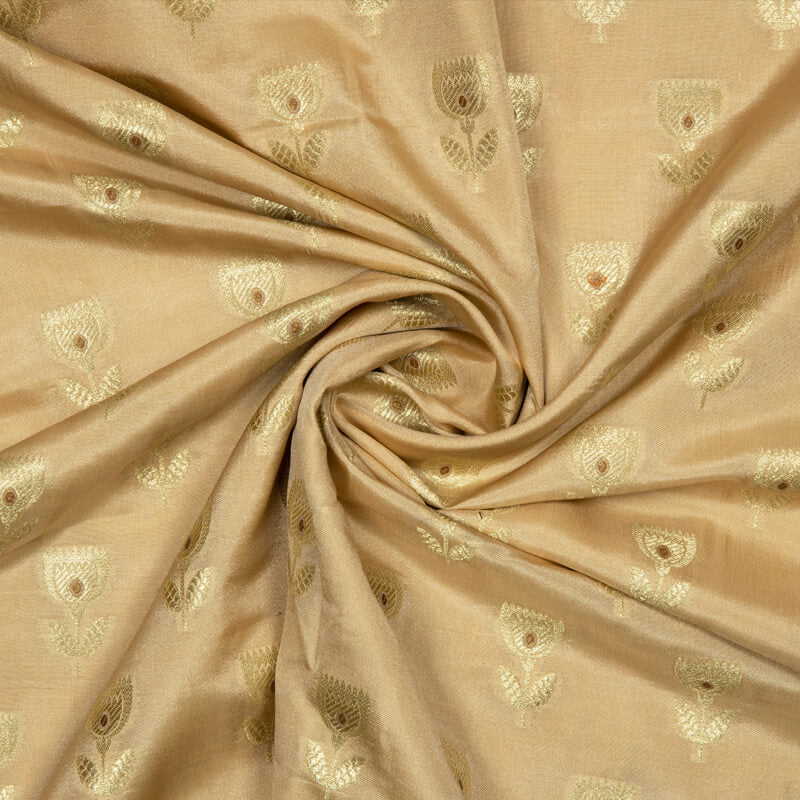 Beige Banarasi Floral Butta Pattern Tilfi Zari Work Taffeta Silk Fabric
