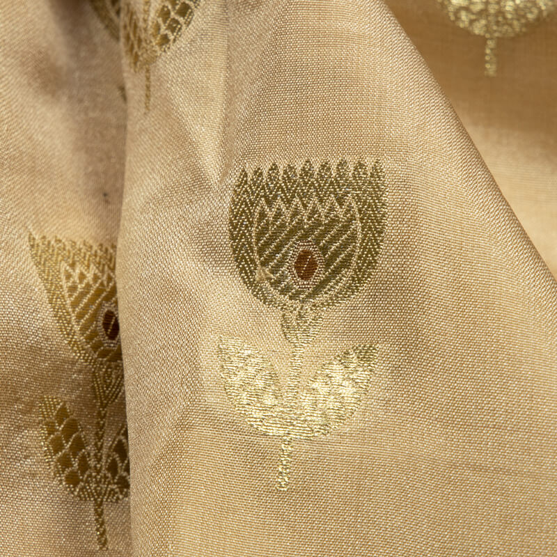 Beige Banarasi Floral Butta Pattern Tilfi Zari Work Taffeta Silk Fabric