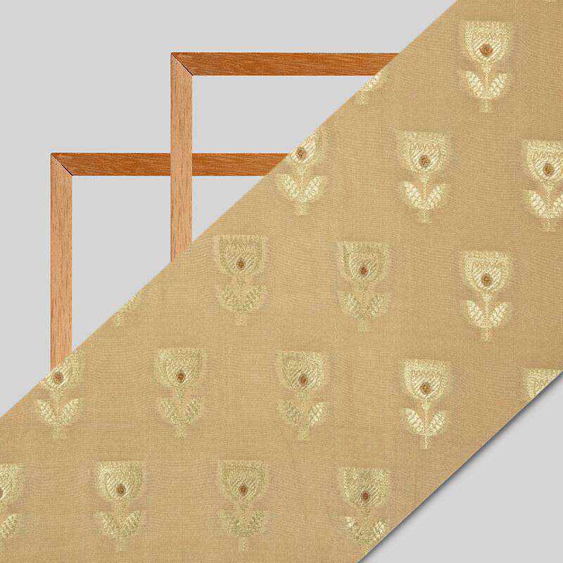 Beige Banarasi Floral Butta Pattern Tilfi Zari Work Taffeta Silk Fabric