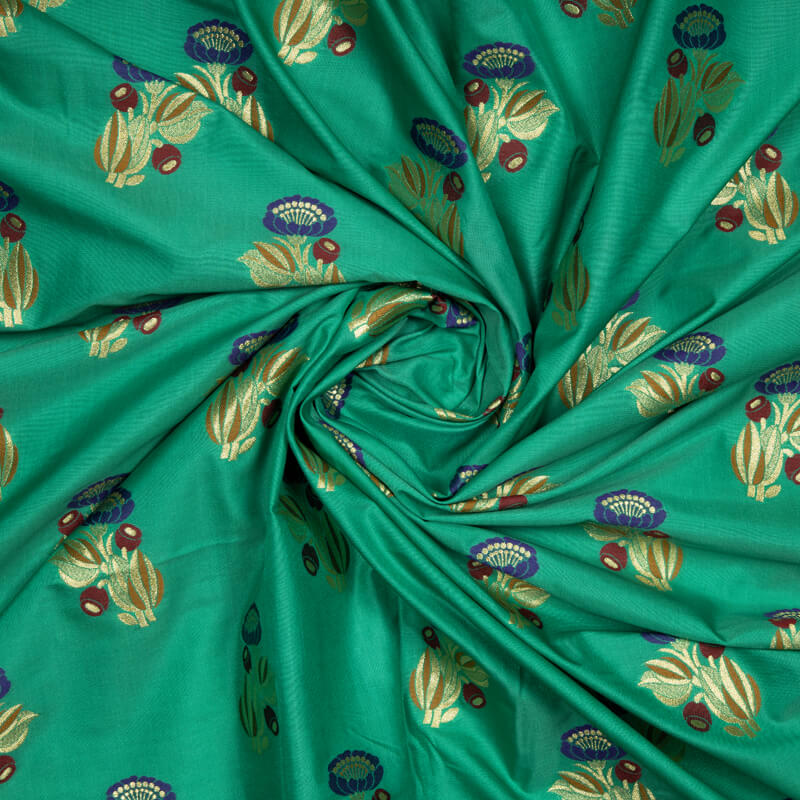 Green Banarasi Mughal Floral Pattern Tilfi Zari Work Taffeta Silk Fabric