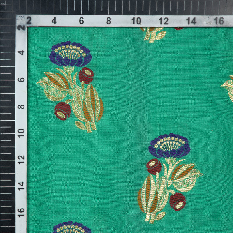 Green Banarasi Mughal Floral Pattern Tilfi Zari Work Taffeta Silk Fabric