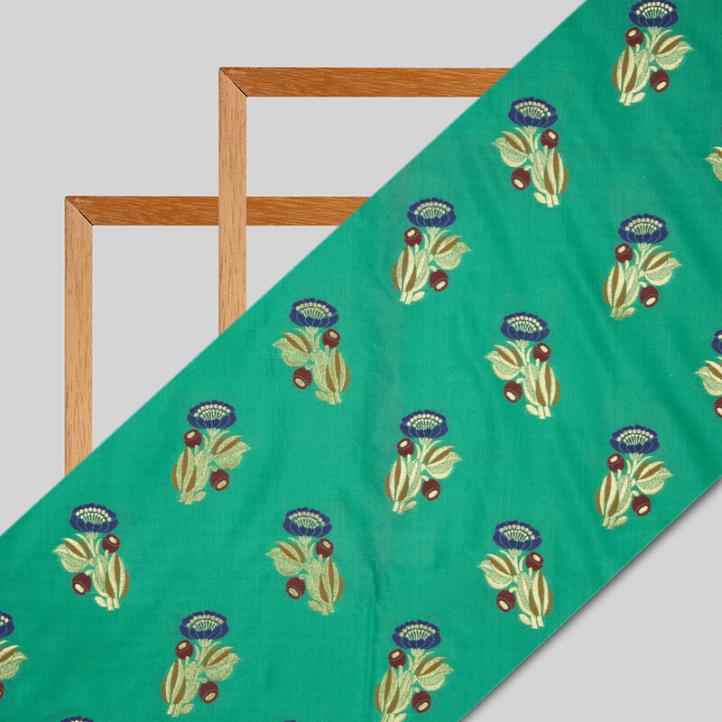 Green Banarasi Mugal Floral Pattern Tilfi Zari Work Taffeta Silk Fabric