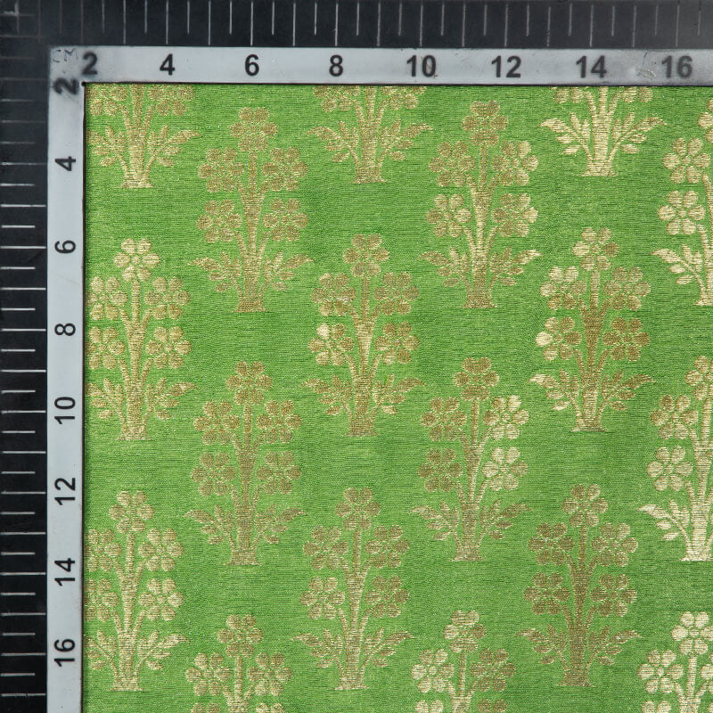 Dark Green Banarasi Mughal Floral Pattern Katan Zari Silk Fabric