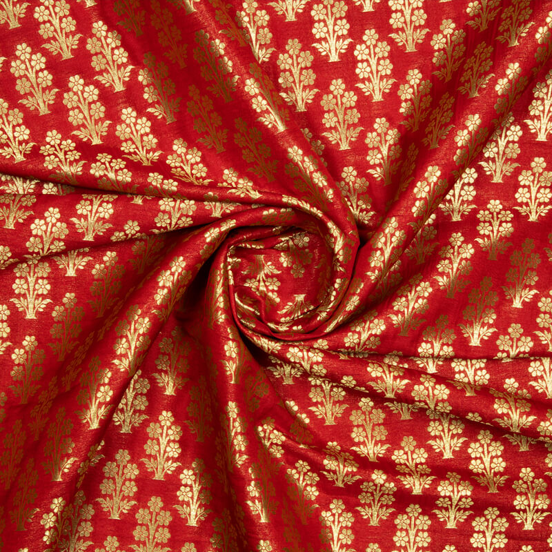 Red Mughal Pattern Zari Jacquard Banarasi Katan Silk Fabric