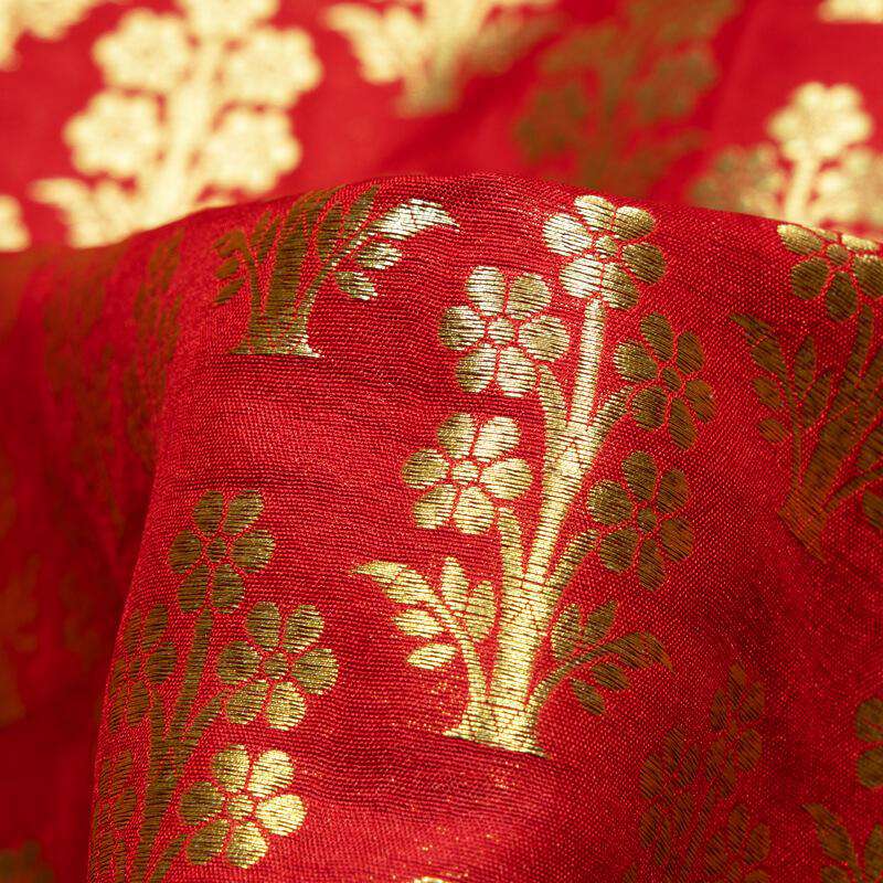 Red Mughal Pattern Zari Jacquard Banarasi Katan Silk Fabric