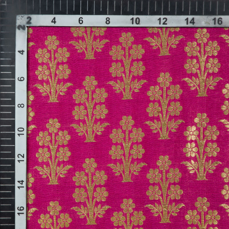 Magenta Banarasi Mughal Floral Pattern Katan Zari Silk Fabric
