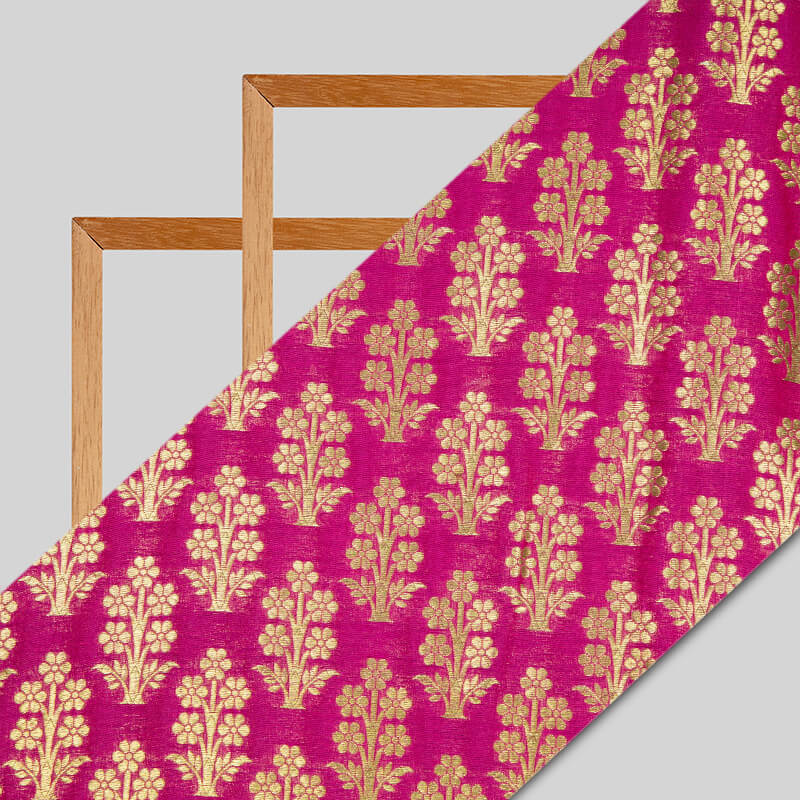 Magenta Banarasi Mughal Floral Pattern Katan Zari Silk Fabric